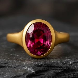 May include: A gold ring featuring a large, oval-cut, deep red gemstone. The ring has a simple, classic design with a smooth, polished band and a bezel setting. The ring is displayed on a dark, textured surface, creating a striking contrast.