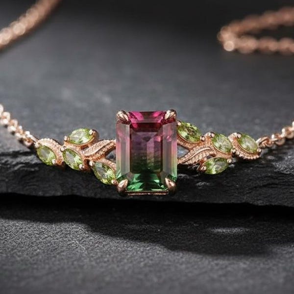 Emerald Cut Watermelon Tourmaline & Marquise Cut Peridot Leaf Chain Necklace, Minimalist Engagement Necklace, Layering Anniversary Necklace