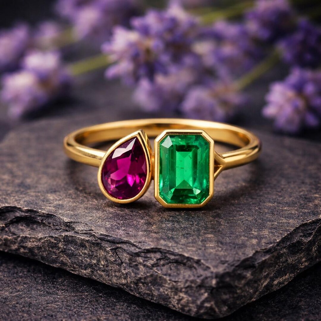 Toi Et Moi Pear Cut Pink Ruby & Octagon Cut Emerald Engagement Ring ...