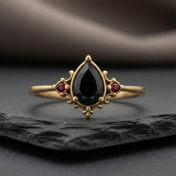 Pear Shape Black Onyx & Garnet Gothic Ring, Witchy Ring For Engagement, Wedding Anniversary Gift For Wife, Stackable Proposal Ring For Her