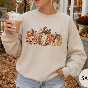 Faux Patchwork Pumpkin Sweatshirt, Fall Crewneck for Women, Autumn Pumpkin Sweater, Thanksgiving Gift, Leopard Pumpkin Shirt, Fall Shirt