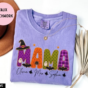 T-shirt personnalisé Halloween pour maman, T-shirt patchwork effet maman, T-shirt Comfort Colors® Halloween pour maman avec les noms des enfants, Cadeau mignon pour maman