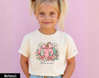 Personalized Girls Pumpkin Shirt, Custom Name Fall T-Shirt, Cute Watercolor Pumpkin Tee, Toddler Autumn Shirt, Thanksgiving Gift for Girl