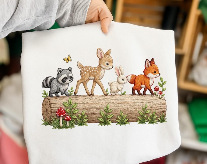 Woodland Animals Raccoon Deer Bunny Fox Forest Scene Embroidery Design ...