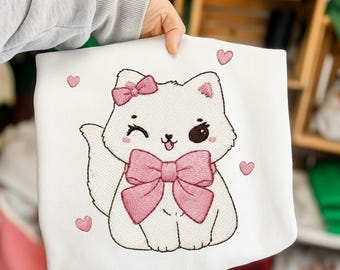 Lindo diseño de gato gatito con lazo bordado, descarga instantánea Dst Pe