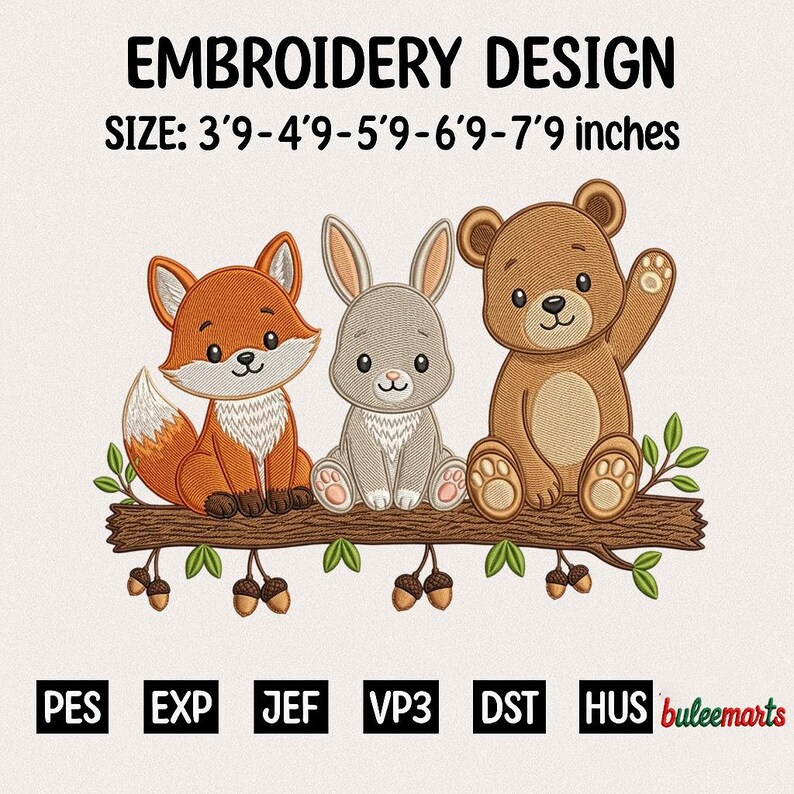 Woodland Animals Fox Bunny Bear Embroidery File, Forest Animals ...