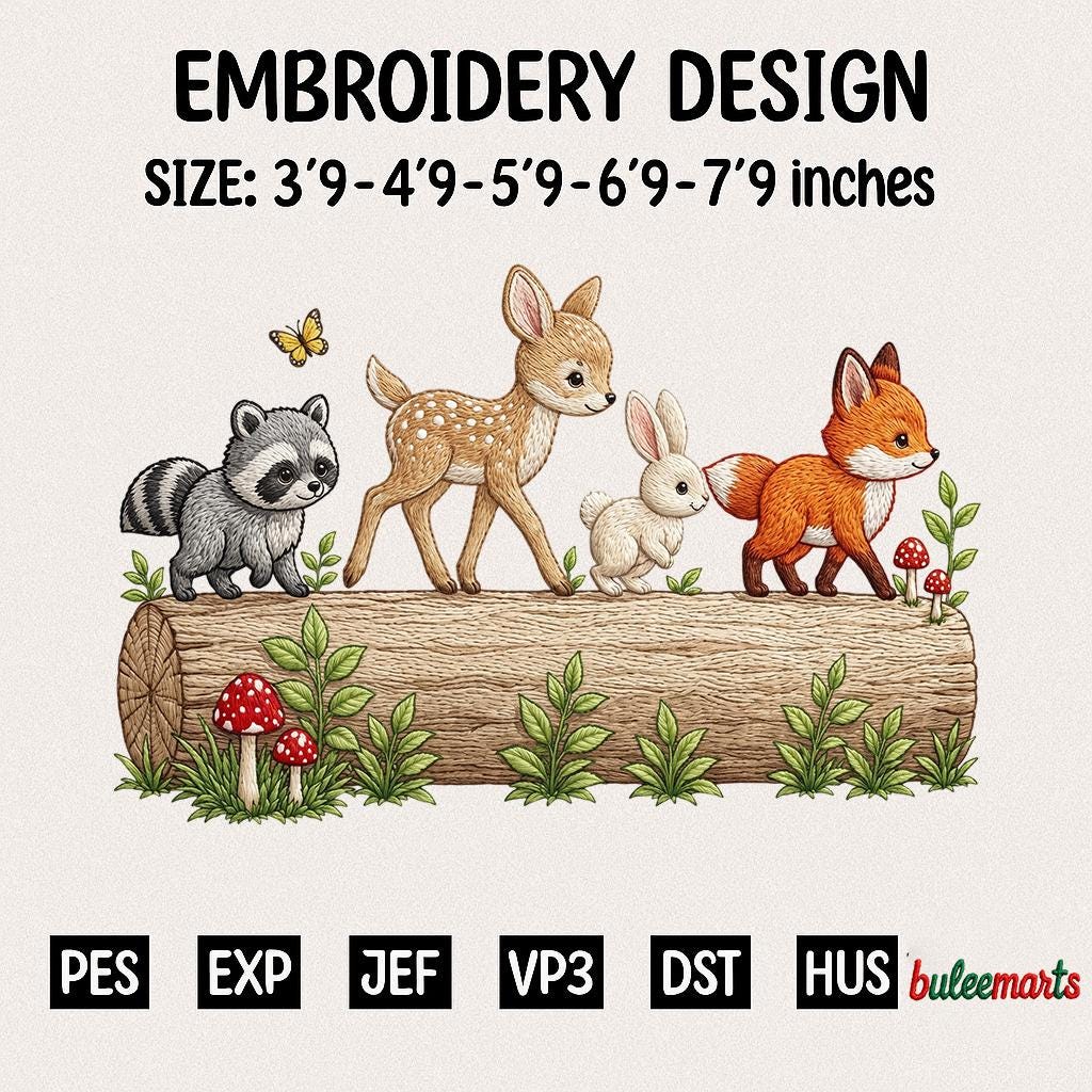 Woodland Animals Raccoon Deer Bunny Fox Forest Scene Embroidery Design ...