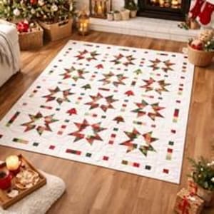 May include: A rectangular quilt featuring a white background with a repeating pattern of multi-colored stars in shades of red, green, and brown, interspersed with small red and green tree motifs and a border of small colored squares.