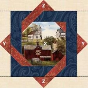 May include: A square fabric quilt block featuring a central printed scene of a red barn and white church in a rural landscape. The center is framed by dark blue paisley fabric and diagonal red patterned strips labeled with the letters X, Y, and Z.