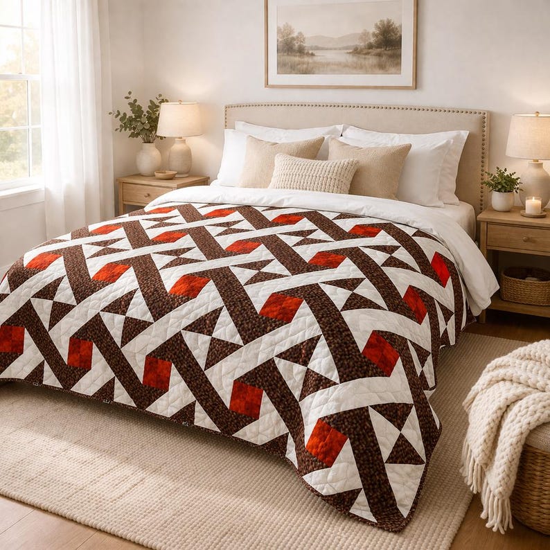 May include: A geometric patterned quilt in shades of brown, white, and red covers a bed. The quilt features a repeating design of triangles and rectangles. The bed is in a well-lit bedroom with neutral tones.