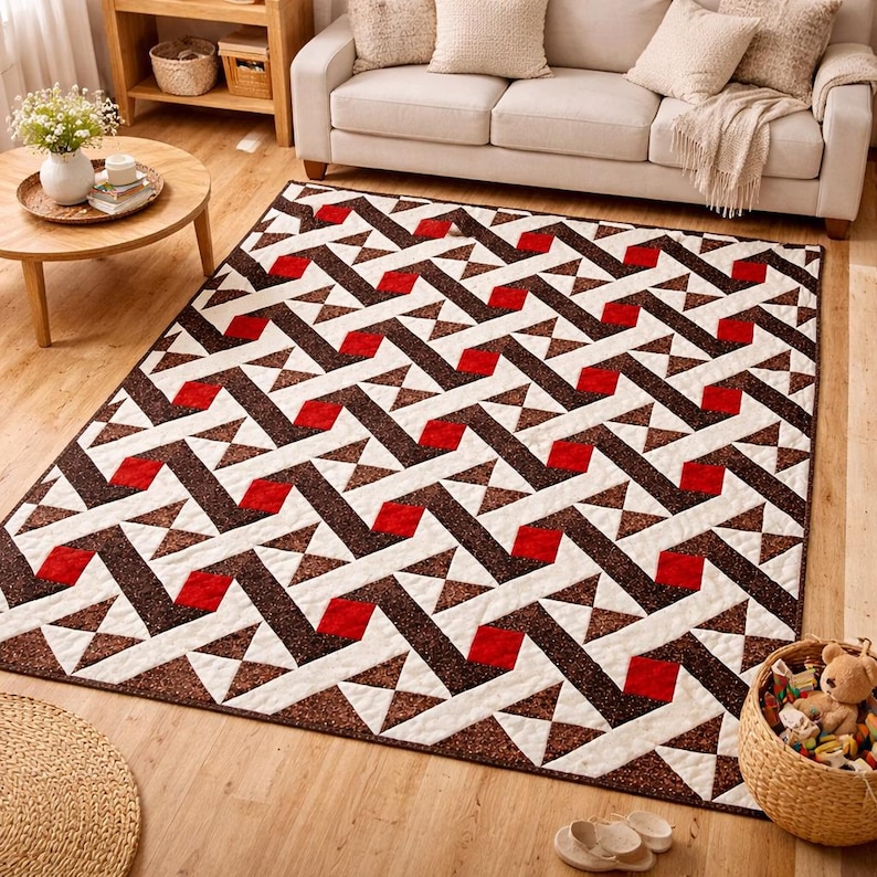 May include: A rectangular area rug with a geometric pattern. The design features repeating shapes in brown, red, and white. The rug is placed on a wooden floor in a living room setting. A sofa and coffee table are visible in the background.
