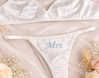 Personlised embroidered wedding underwear Mrs satin thongs. Mrs gifts. Lingerie set. Custom bride gift