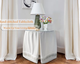 Falda de mesa de lino blanco crema con cinta blanca y ribete marrón, mantel redondo personalizado
