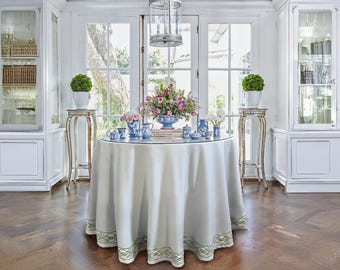 Custom Light Blue Tablecloth with Green Trim, Cotton linen skirt, Handmade