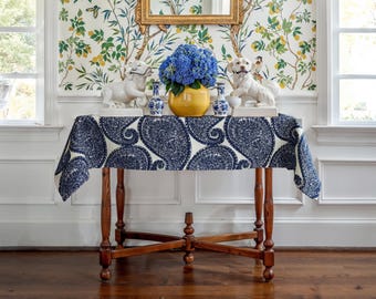Handmade Linen Tablecloth | Navy Blue Paisley, Custom Size