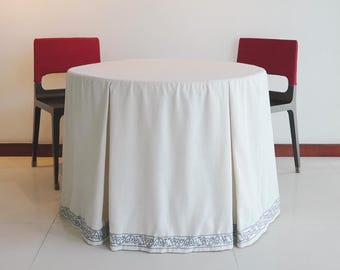 Custom Cream White Linen Tablecloth with Gray Scrollwork Trim | Handmade | Custom size | Washable | Pet-friendly