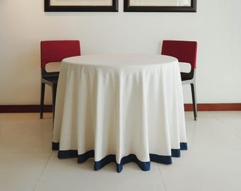 Custom White Linen Tablecloth with Navy Trim | Handmade | Custom size | Washable | Durable | Pet-friendly