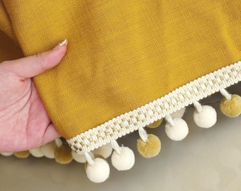 Handmade Yellow Linen Dining Table Cover | Custome Size, Pom-pom Trim