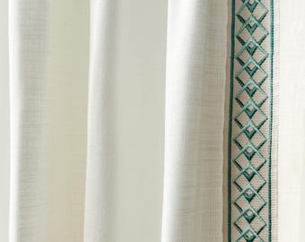 White Linen Cafe Curtain with Green Trim, Custom Size, Short Curtains, One Panel