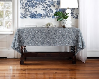 Handmade Linen Tablecloth with Blue Leaf Pattern | Custom size | Washable | Durable | Pet-friendly