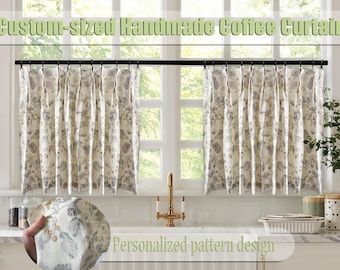 Beige Floral Farmhouse Cafe Curtains, Natural Blend Bohemian Window Panels, Custom Pinch Pleat Curtains