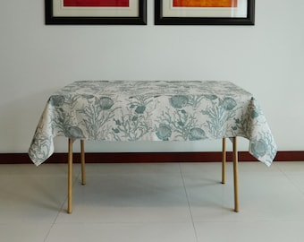 Handmade Linen Tablecloth Retro Coastal Print | Custom size | Washable | Durable | Pet-friendly