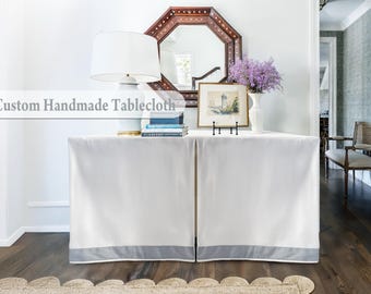 Handmade White Linen Table Skirt, Custom Table Cover with Grey Ribbon Trim, Home Decor