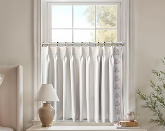 Cortinas de café hechas a mano en mezcla de lino blanco, cortas y personalizadas con ribete rosa, para cocina, un panel.