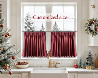 Pleated Red Linen Blend Soft Cafe Curtain, Short Curtains, One Panel, Christmas Gift