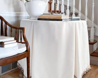 Cream White Linen Blend Table Skirt, Custom Round Pleated Tablecloth with Tassel, Home Decor