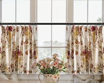 Beige Floral Pattern Custom Size Linen Blend Farmhouse Cafe Curtain, Bathroom Curtains, Handmade
