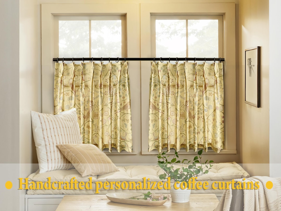 Custom Light Yellow Floral Birds Cafe Curtains, Tailored Sizes ...