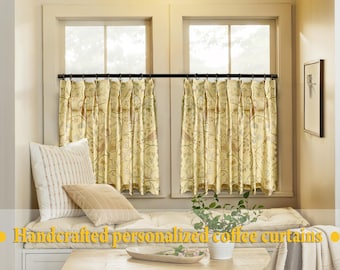 Custom Light Yellow Floral Birds Cafe Curtains, Tailored Sizes Farmhouse Curtains Panels