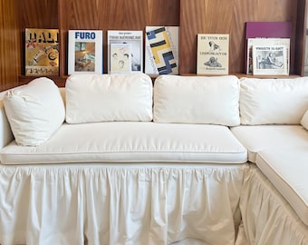 White Linen Sofa Slipcover with Skirt, Custom Sizes Colors, Cushion Covers