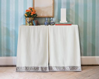 Handmade White Linen Dining Table Cover | Floral Trim, Custom size