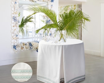 Custom Round Pleated Tablecloth with Trim, White Linen Blend Table Skirt, Home Decor