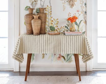 Handmade White Linen Black Striped Tablecloth | Custom size | Washable | Durable | Pet-friendly| Christmas Gift