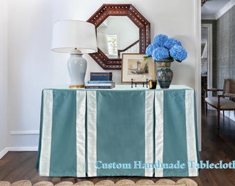 Blue Linen Blend Table Skirt, Custom Console Table Cover with White Ribbons, Handmade