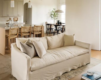 Replacement, Beige Linen Sofa Slipcover, Custom Sizes Colors, Cushion Covers