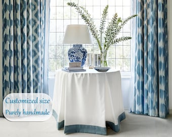 Custom White Linen Tablecloth with Blue Contrast Border, Eleagant Skirt, Custom size, Home Decor