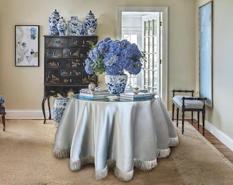 Elegant light Blue Tablecloth with Decorative Tassel Trim, Custom Faux Silk Round Skirt, Gift