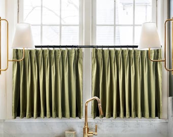 Pinch Pleat Velvet Soft Green Cafe Curtain, Light Filtering Window Drapes, One Panel