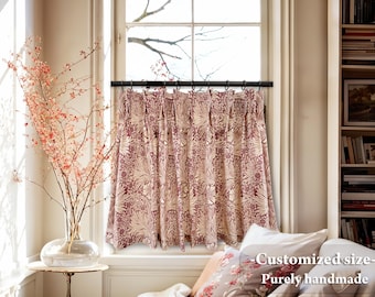Red Linen Blend Floral Cafe Curtains, Custom Size Handmade Short Drapes, Home Decor