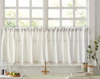 Rod-Pocket Beige Cafe Curtains with Tassels, Custom Size, Christmas Gift, One Panel