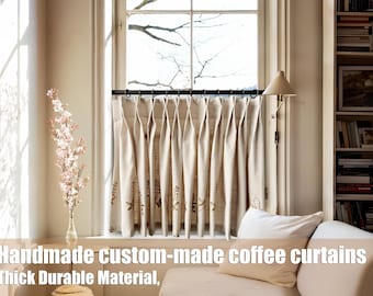 Cortinas de lino bordadas para cafetería, cortinas cortas con pliegues personalizados, paneles de ventana de mezcla natural