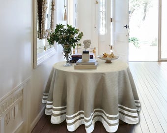 Mantel de lino gris verdoso personalizado con ribetes de cinta blanca, decoración del hogar