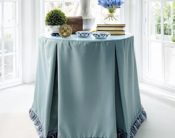 Blue Linen Blend Table Skirt, Custom Round Pleated Tablecloth with Tassel, Living Room Decor