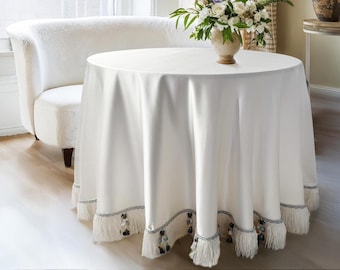 Faux Silk White Round Ruffled Table Skirt with Beige Tassel, Custom Size, Home Decor