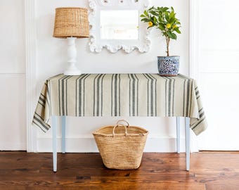 Handmade White Linen Tablecloth | Black Stripe, Custom Size