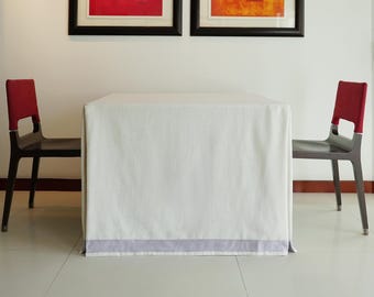 Custom White Linen Tablecloth with Light Purple Trim | Handmade | Custom size | Washable | Durable | Pet-friendly